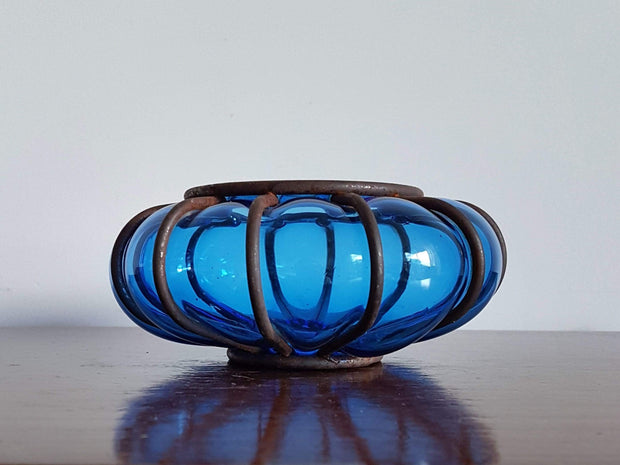 AnyesAttic Lighting 1960s Vintage Boho Handblown Caged Blue Bubble Glass Candle Holder / Lantern