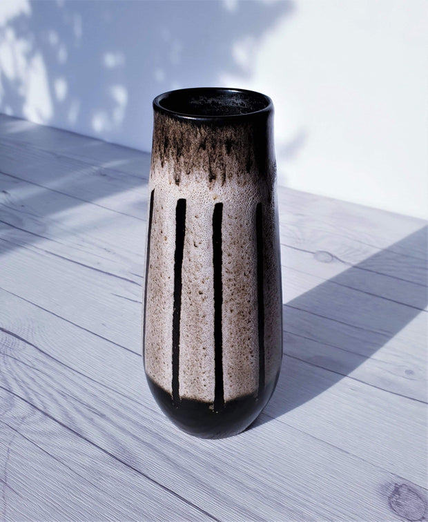 AnyesAttic Ceramic 1960s West German Pottery ‘Tiramisu’ Matte Foam Lava with Espresso Brown Detail Ceramic Vase