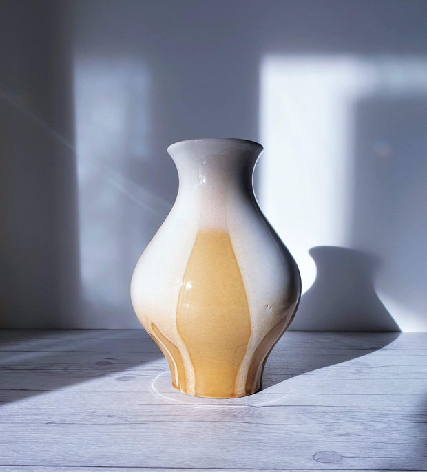 AnyesAttic Ceramic 1964 Ditmar Urbach, Julie Series in Cream and Caramel, Mid Century Boho Baluster Ceramic Vase