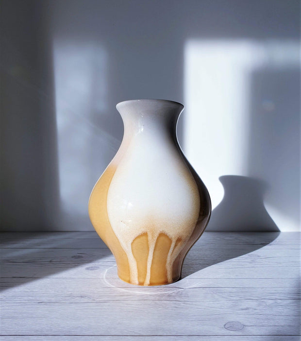 AnyesAttic Ceramic 1964 Ditmar Urbach, Julie Series in Cream and Caramel, Mid Century Boho Baluster Ceramic Vase