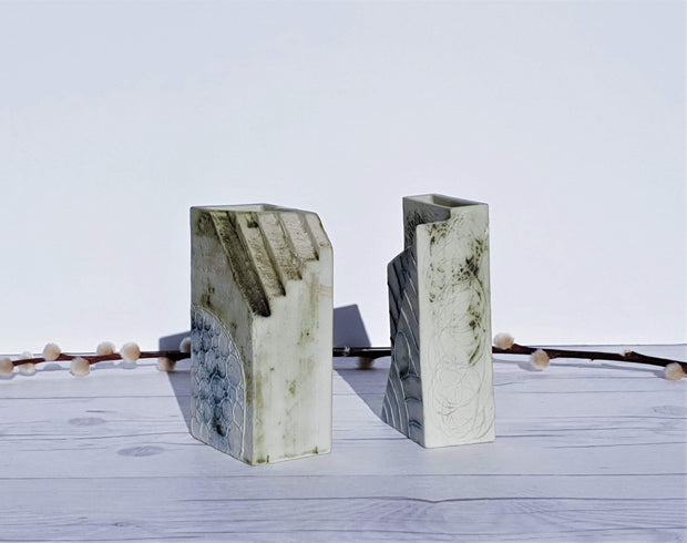 AnyesAttic Ceramic 1970s Carn Pottery by John Beusmans, N Series, Pair of Textured Cream and Blue Step Ceramic Vases