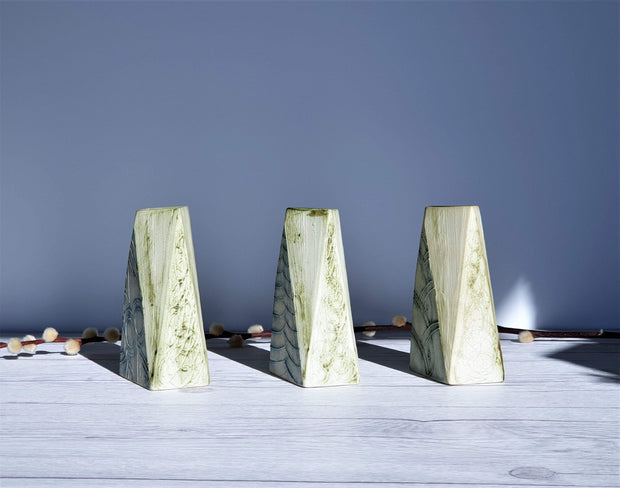 AnyesAttic Ceramic 1970s Carn Pottery by John Beusmans Set of 3 Textured Cream, Green and Blue Faceted Ceramic Vases