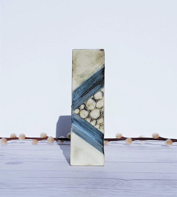 AnyesAttic Ceramic 1970s Carn Pottery by John Beusmans, W Series, Textured Cream and Blue Angular Cut Ceramic Vase