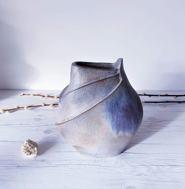 AnyesAttic Ceramic 1970s Expressive Studio Pottery, Contemporary Sculpted Stoneware Vase in Blue-Grey Granite Glaze