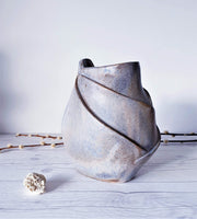 AnyesAttic Ceramic 1970s Expressive Studio Pottery, Contemporary Sculpted Stoneware Vase in Blue-Grey Granite Glaze