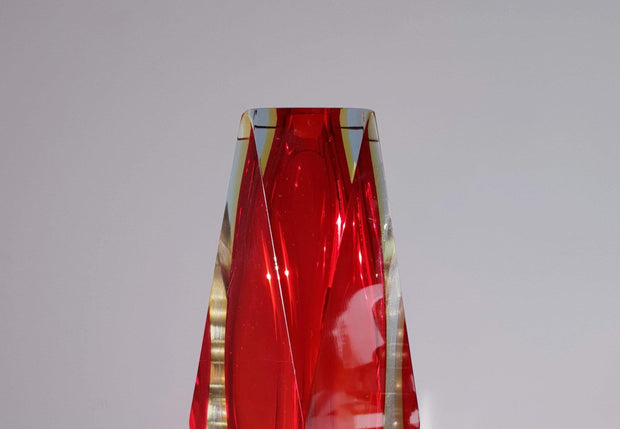 Murano Glass 1970s Italian Murano by Mandruzzato, Red, Yellow and Ice Blue Triple Cased Faceted Art Glass Vase