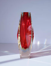 Murano Glass 1970s Italian Murano by Mandruzzato, Red, Yellow and Ice Blue Triple Cased Faceted Art Glass Vase