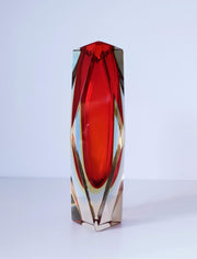 Murano Glass 1970s Italian Murano by Mandruzzato, Red, Yellow and Ice Blue Triple Cased Faceted Art Glass Vase