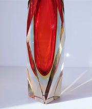 Murano Glass 1970s Italian Murano by Mandruzzato, Red, Yellow and Ice Blue Triple Cased Faceted Art Glass Vase