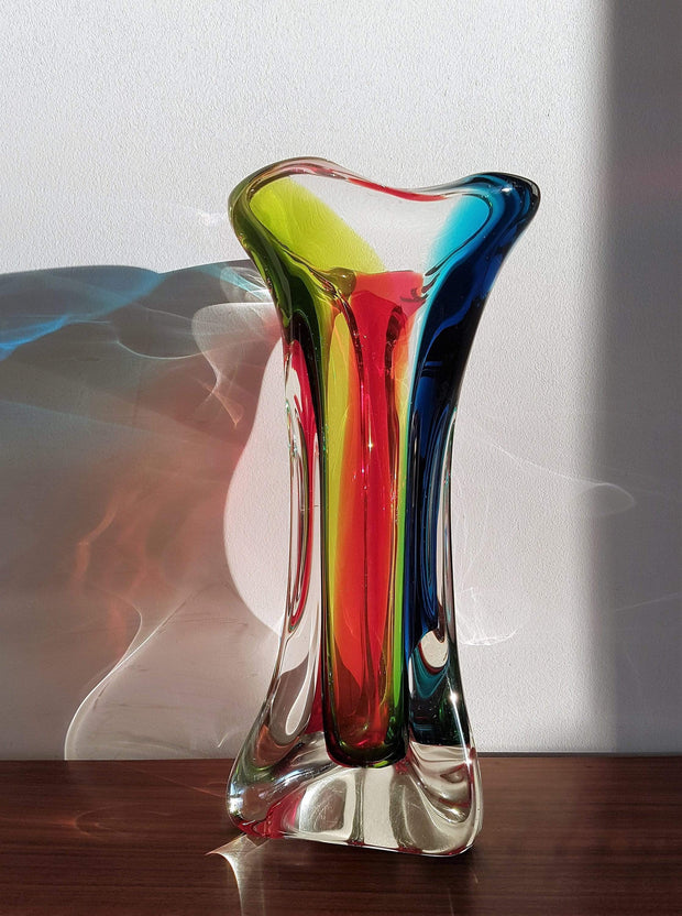 Murano Glass 1970s Italian Murano Sommerso att to Flavio Poli for Seguso Red, Blue, Chartreuse Green 3 Lobed Vase