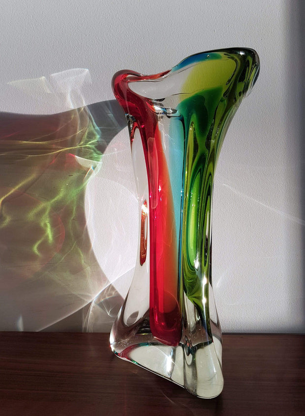 Murano Glass 1970s Italian Murano Sommerso att to Flavio Poli for Seguso Red, Blue, Chartreuse Green 3 Lobed Vase