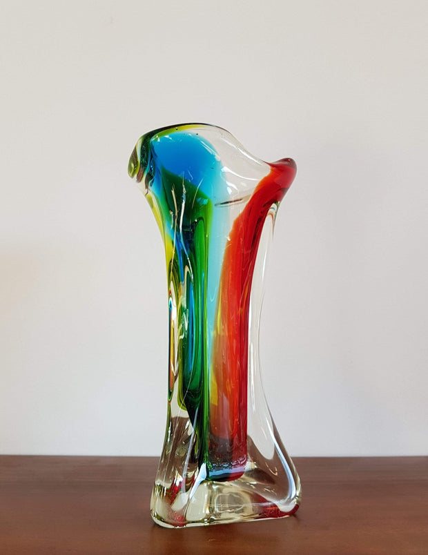 Murano Glass 1970s Italian Murano Sommerso att to Flavio Poli for Seguso Red, Blue, Chartreuse Green 3 Lobed Vase