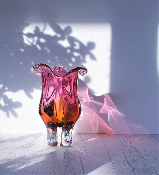 AnyesAttic Glass 1970s Japanese Bohemian Hot Pink and Amber Biomorphic Art Glass, Tulip Cased Glass Vase