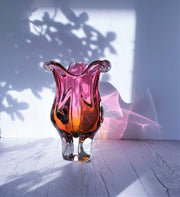 AnyesAttic Glass 1970s Japanese Bohemian Hot Pink and Amber Biomorphic Art Glass, Tulip Cased Glass Vase