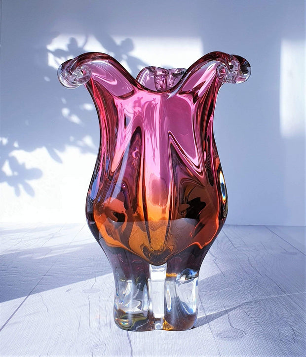 AnyesAttic Glass 1970s Japanese Bohemian Hot Pink and Amber Biomorphic Art Glass, Tulip Cased Glass Vase