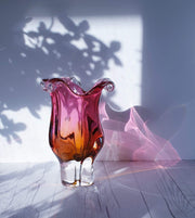 AnyesAttic Glass 1970s Japanese Bohemian Hot Pink and Amber Biomorphic Art Glass, Tulip Cased Glass Vase