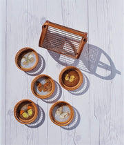 AnyesAttic Curio 1970s Japanese Set of 5 Woven Bamboo and Rattan, Butterfly Coasters and Storage Caddy