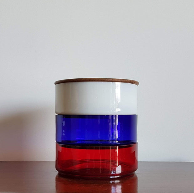 AnyesAttic Glass 1970s Mid Century Modern Kitchenalia, Tricolore Red, White and Blue Glass and Teak Stackable Storage