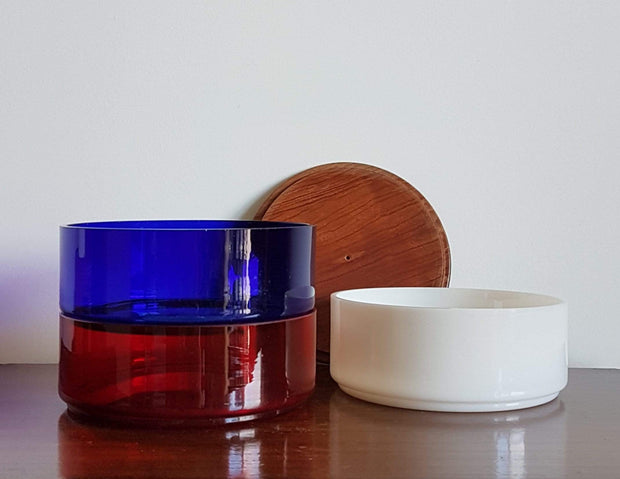 AnyesAttic Glass 1970s Mid Century Modern Kitchenalia, Tricolore Red, White and Blue Glass and Teak Stackable Storage