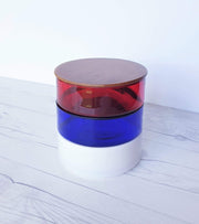 AnyesAttic Glass 1970s Mid Century Modern Kitchenalia, Tricolore Red, White and Blue Glass and Teak Stackable Storage