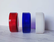 AnyesAttic Glass 1970s Mid Century Modern Kitchenalia, Tricolore Red, White and Blue Glass and Teak Stackable Storage