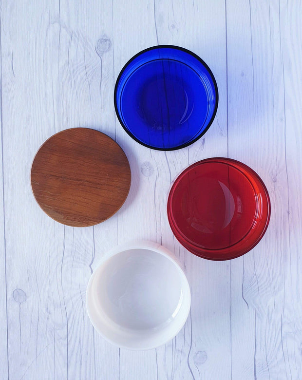 AnyesAttic Glass 1970s Mid Century Modern Kitchenalia, Tricolore Red, White and Blue Glass and Teak Stackable Storage