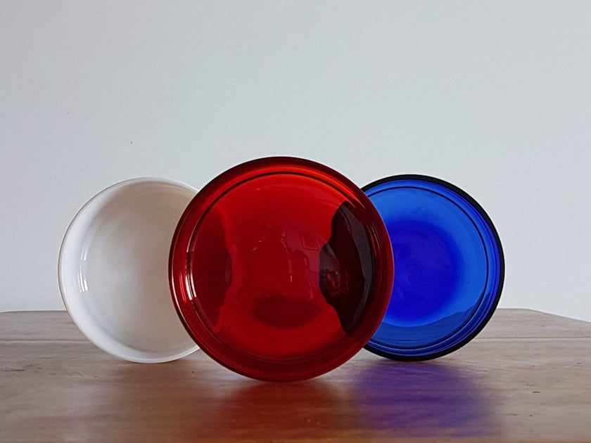 1970s Mid Century Modern Kitchenalia, Tricolore Red, White and Blue Gl ...