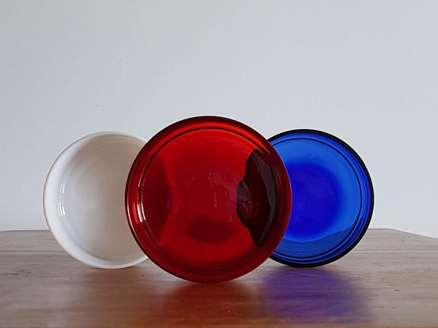 AnyesAttic Glass 1970s Mid Century Modern Kitchenalia, Tricolore Red, White and Blue Glass and Teak Stackable Storage