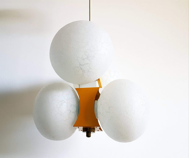 European Lighting 1970s Mid Century Modernist Space-Age Yellow and Textured White Glass Globe Pendant Ceiling Light