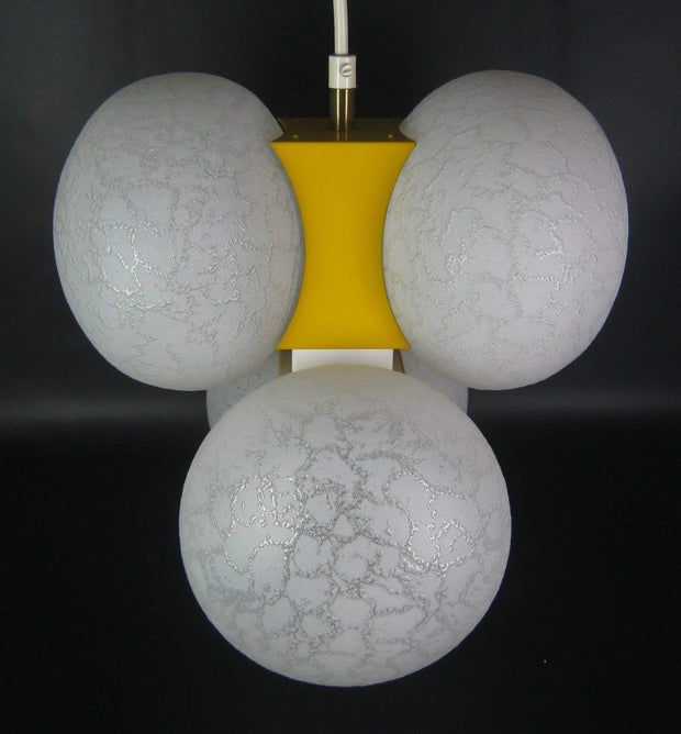 European Lighting 1970s Mid Century Modernist Space-Age Yellow and Textured White Glass Globe Pendant Ceiling Light