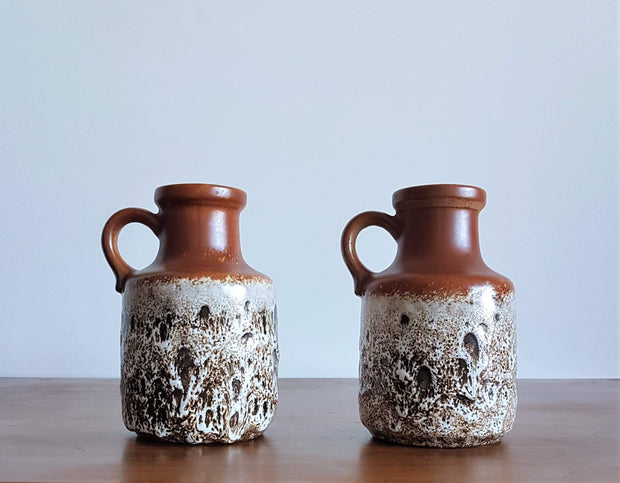 Scheurich Keramik Ceramic 1970s Pair of W German Scheurich Cinnamon and Cookies n Cream  Fat Lava Ceramic Pitcher Vases