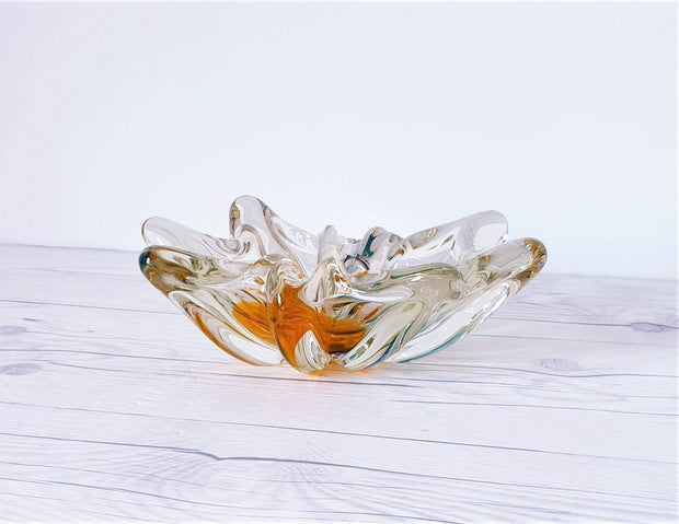 AnyesAttic Glass 1970s Sanyu Glassworks Narumi Series Orange and Cerulean Blue Sommerso Art Glass Dish | Japanese