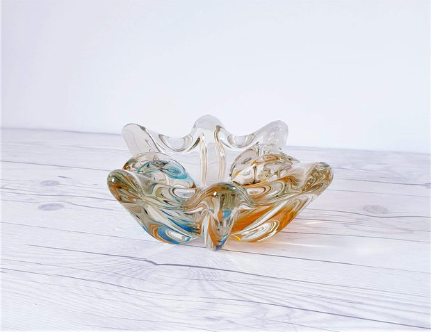 AnyesAttic Glass 1970s Sanyu Glassworks Narumi Series Orange and Cerulean Blue Sommerso Art Glass Dish | Japanese