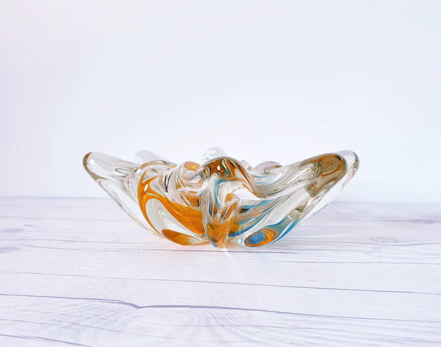 AnyesAttic Glass 1970s Sanyu Glassworks Narumi Series Orange and Cerulean Blue Sommerso Art Glass Dish | Japanese