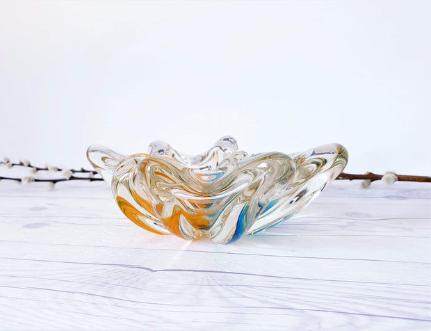 AnyesAttic Glass 1970s Sanyu Glassworks Narumi Series Orange and Cerulean Blue Sommerso Art Glass Dish | Japanese