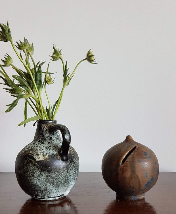 Rolf Weber Steinzeug Curio 1970s West German Rolf Weber Steinzeug Cedar and Matte Crystalline Teal Blue Glaze Pottery Art Ball