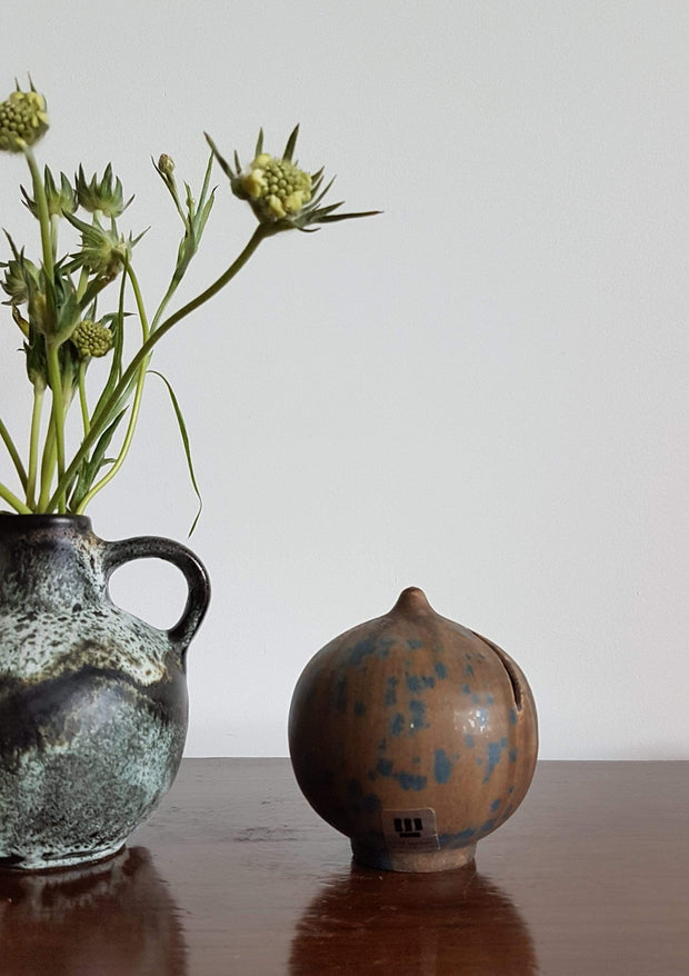 Rolf Weber Steinzeug Curio 1970s West German Rolf Weber Steinzeug Cedar and Matte Crystalline Teal Blue Glaze Pottery Art Ball