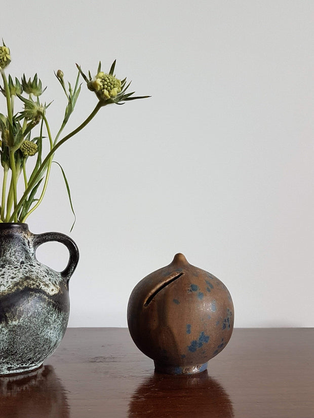 Rolf Weber Steinzeug Curio 1970s West German Rolf Weber Steinzeug Cedar and Matte Crystalline Teal Blue Glaze Pottery Art Ball