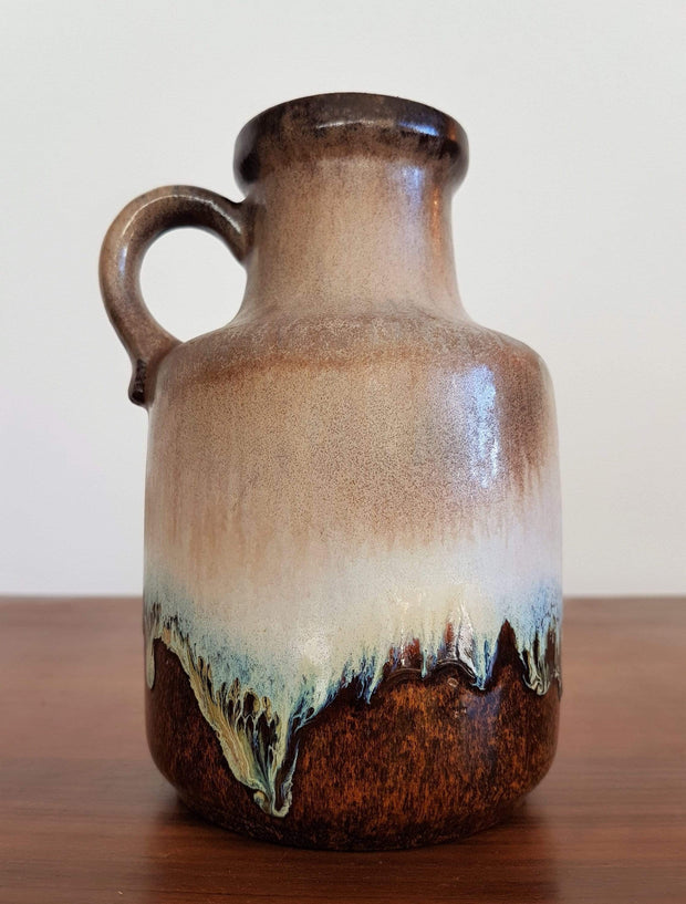 Scheurich Keramik Ceramic 1970s West German Scheurich, Chestnut Marble, Pale Blue, Latte Foam Drip Glaze Ceramic Pitcher Vase