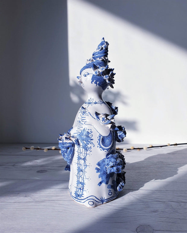 AnyesAttic Ceramic 1976 Bjorn Wiinblad, Moster Ella 'Aunt Ella' Series, M18 Blue on White Ceramic Sculpture | Danish