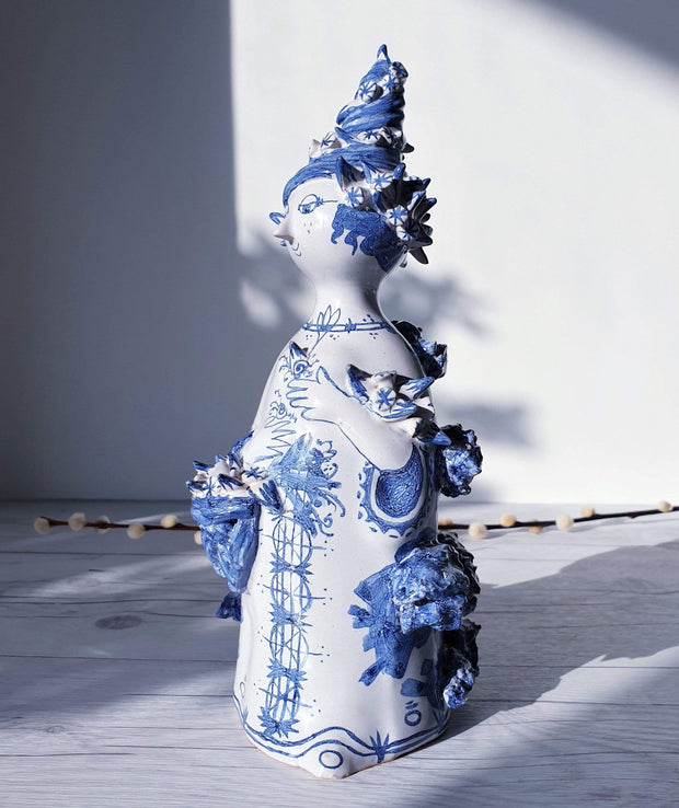 AnyesAttic Ceramic 1976 Bjorn Wiinblad, Moster Ella 'Aunt Ella' Series, M18 Blue on White Ceramic Sculpture | Danish