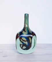 AnyesAttic Glass 1979 Mdina 'Tiger' Series, Blue, Cream, Yellow and Russet, Faceted Art Glass Bottle Vase, Signed