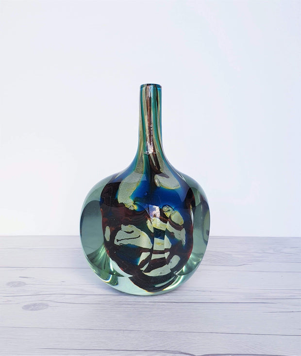 AnyesAttic Glass 1979 Mdina 'Tiger' Series, Blue, Cream, Yellow and Russet, Faceted Art Glass Bottle Vase, Signed