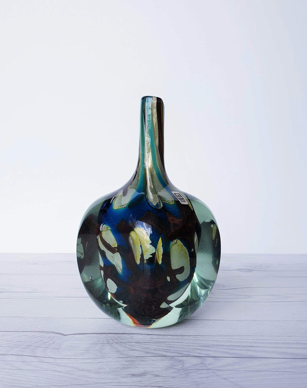 AnyesAttic Glass 1979 Mdina 'Tiger' Series, Blue, Cream, Yellow and Russet, Faceted Art Glass Bottle Vase, Signed