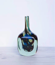 AnyesAttic Glass 1979 Mdina 'Tiger' Series, Blue, Cream, Yellow and Russet, Faceted Art Glass Bottle Vase, Signed