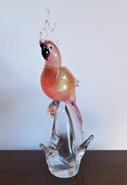 Murano Glass 1980s Italian Murano Formia Pink and Gold Avventurine Sommerso Cockatoo Art Glass Bird Sculpture