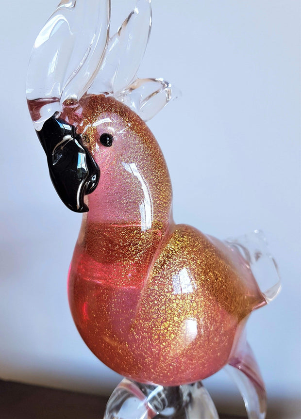 Murano Glass 1980s Italian Murano Formia Pink and Gold Avventurine Sommerso Cockatoo Art Glass Bird Sculpture