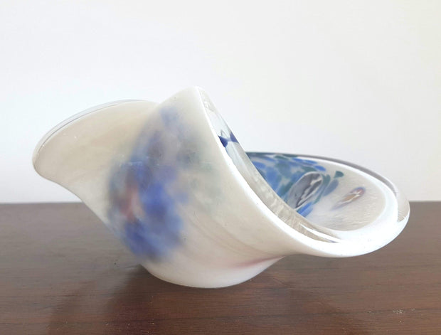 Murano Glass 1980s Italian Murano Opaline and White, Blue, Deep Green and Millefiori Curled Rim Dish