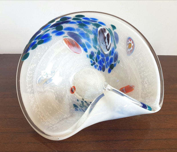 Murano Glass 1980s Italian Murano Opaline and White, Blue, Deep Green and Millefiori Curled Rim Dish