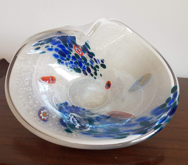 Murano Glass 1980s Italian Murano Opaline and White, Blue, Deep Green and Millefiori Curled Rim Dish